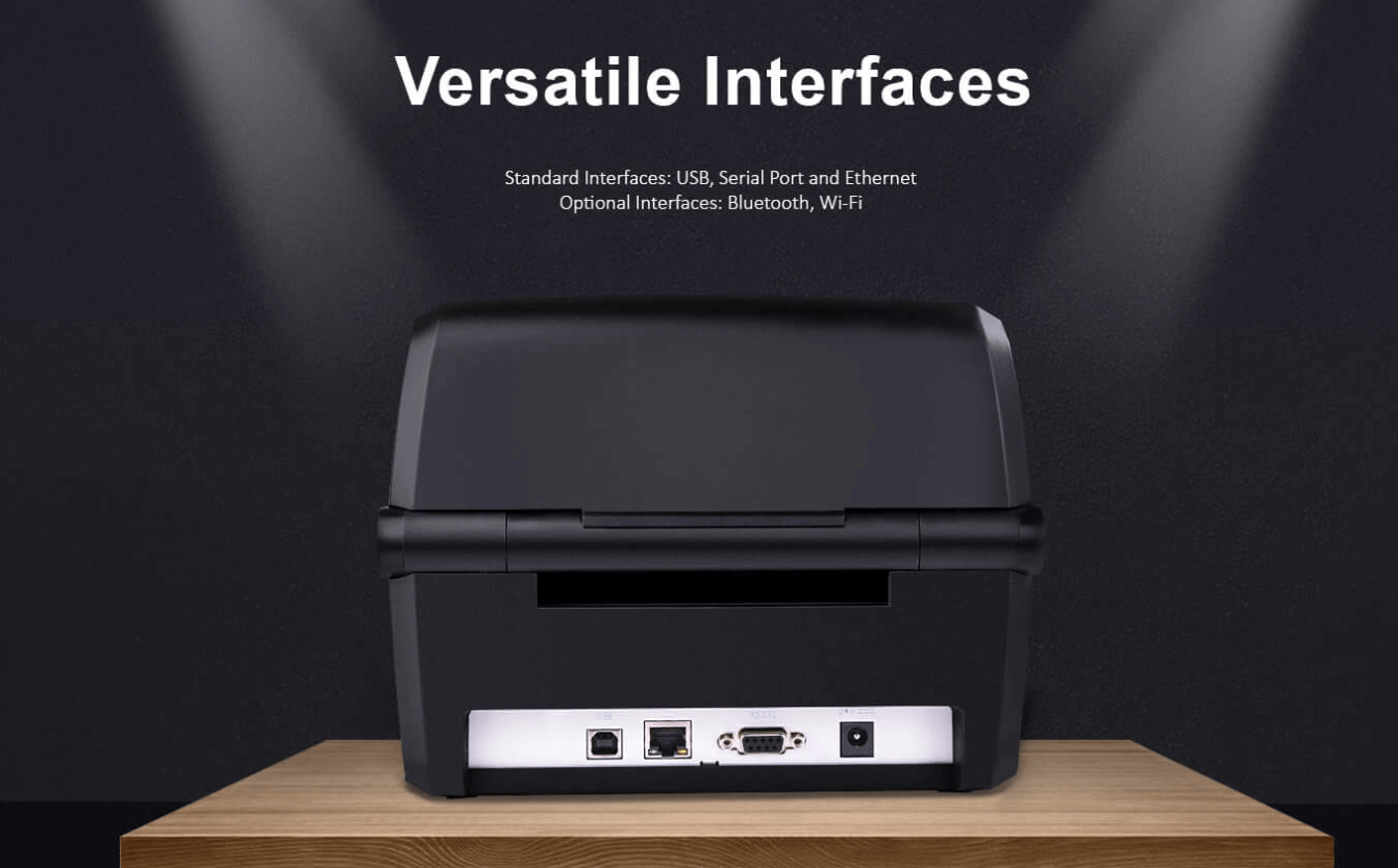 Back view of a Barcodedrucker showing multiple interface ports like USB, Serial, and Ethernet.